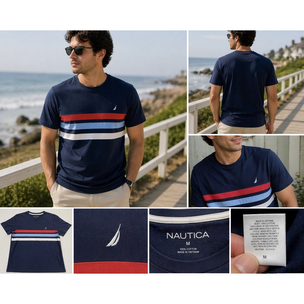 Nautica Stripe Tee Men M Navy Red Blue Logo Coastal Preppy Classic Shirt